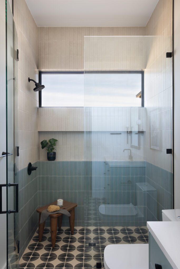 Two tone Baldovino shower tile installation